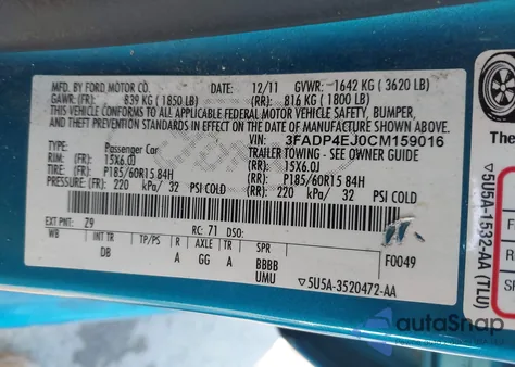 2012 Ford Fiesta Se from USA, damaged, VIN 3FADP4EJ0CM159016